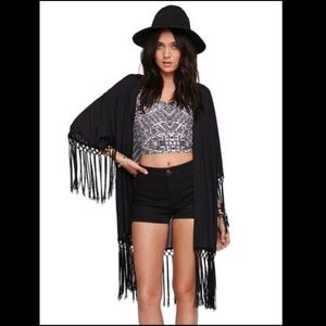 Bebe Black Chiffon Fringed Kimono Top